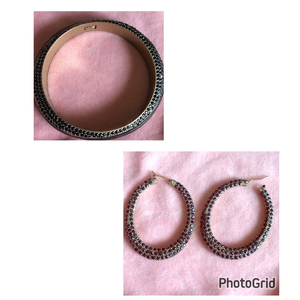 Kenneth Cole Bangle w/Wood + Hoop Earrings with Semi Precious Stones Set